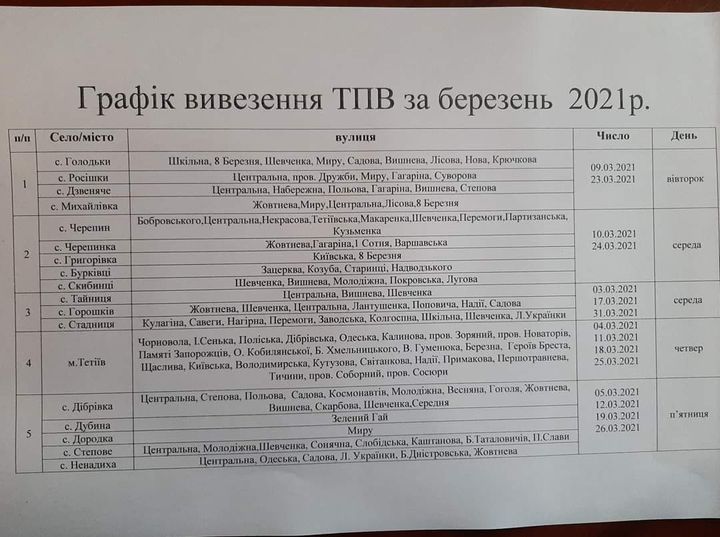 Графік вивезення ТПВ за березень 2021 року КП "Дібрівка - Обрій"
